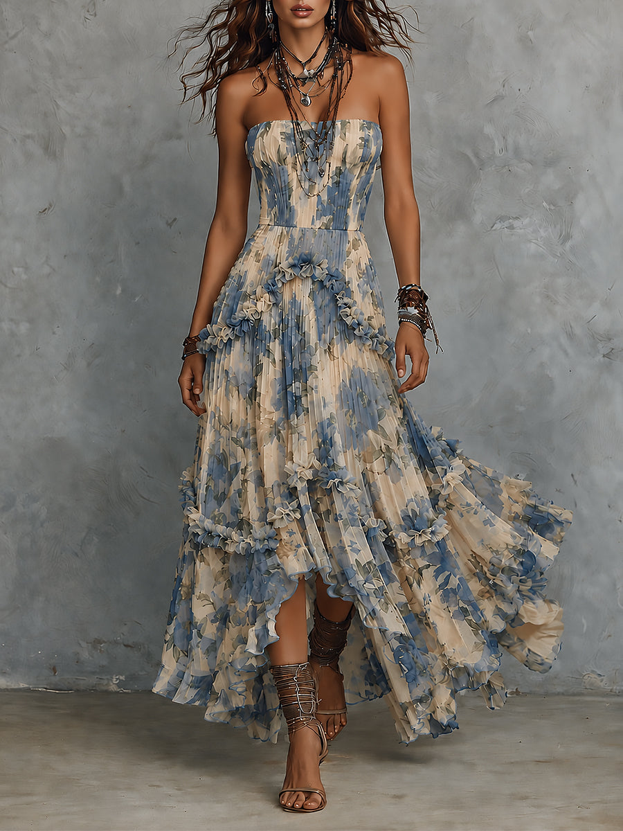 Elegant strapless tryckt chiffong maxiklänning