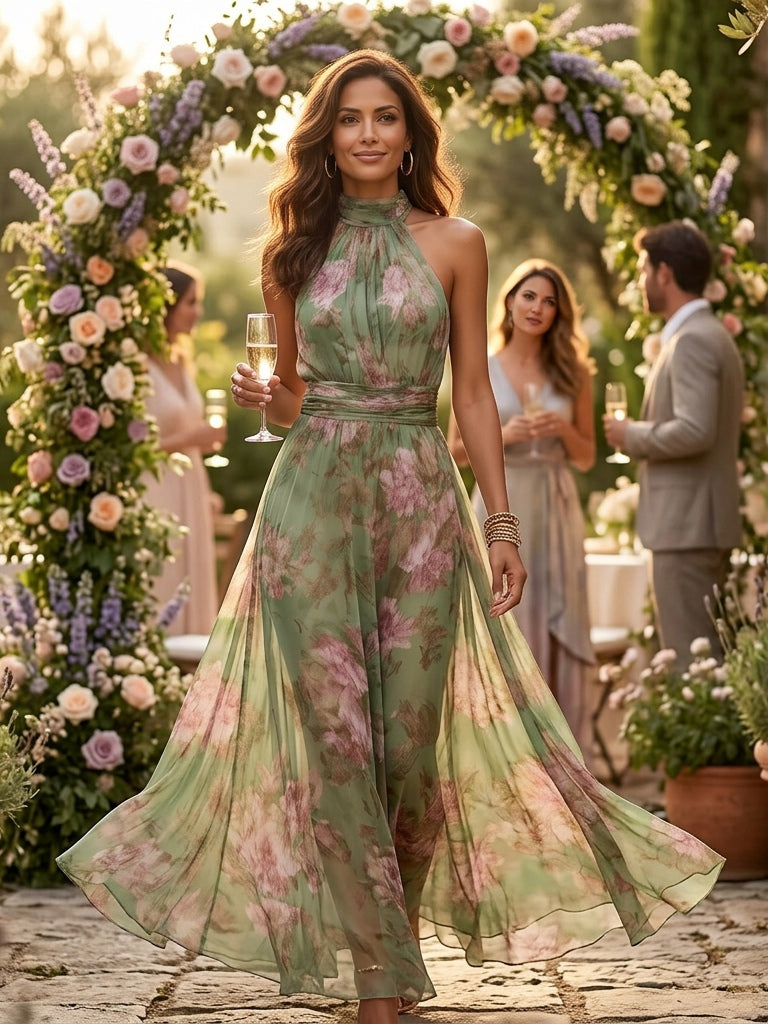Grön Blommig Chiffon Halterneck Klänning