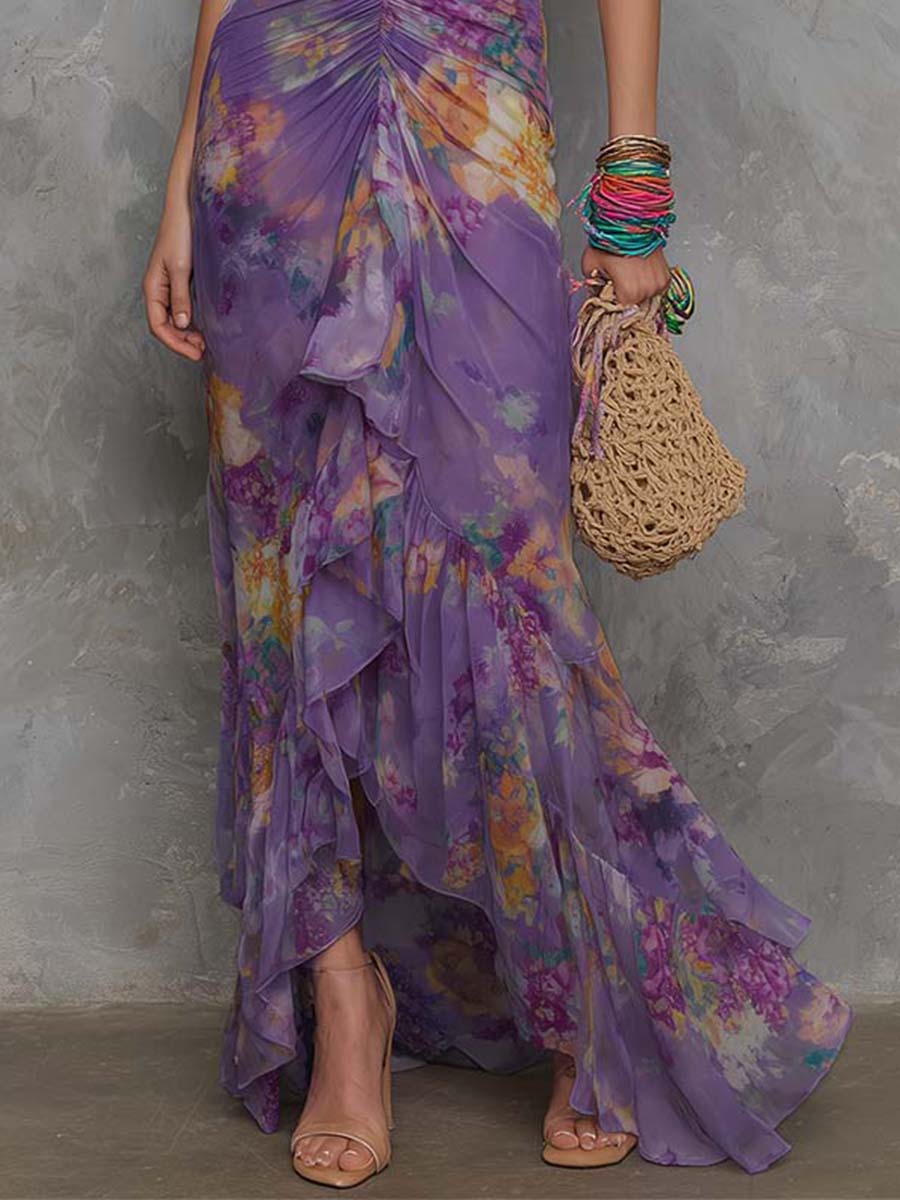 Elegant Lila Blommig Chiffon Klänning