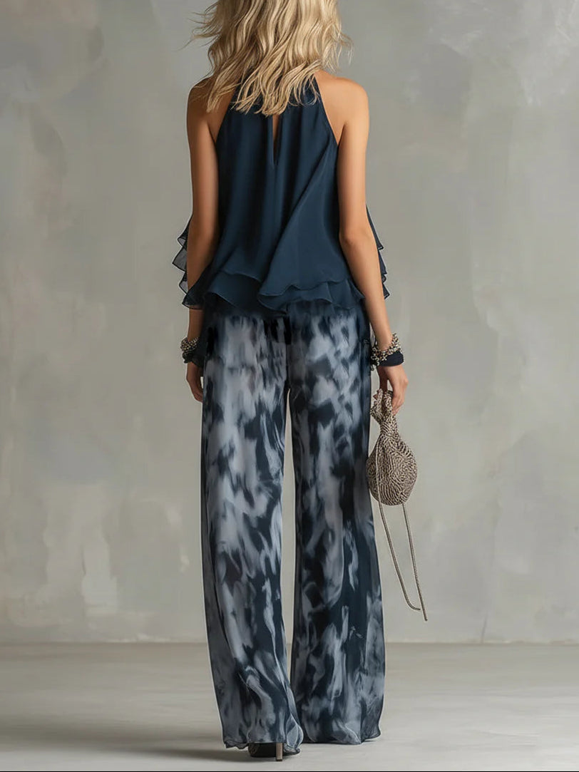 Marinblå Halterneck Top Tryckta Set