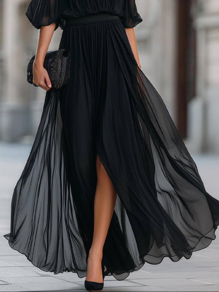 Svart Off-Shoulder Plisserad Chiffon Klänning