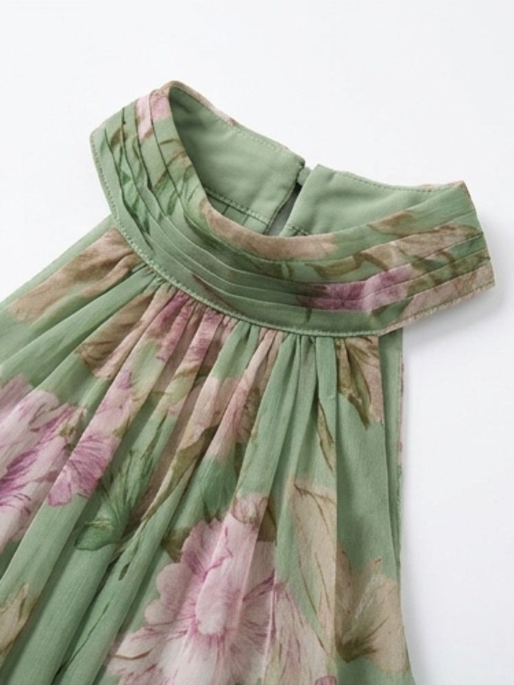 Grön Blommig Chiffon Halterneck Klänning