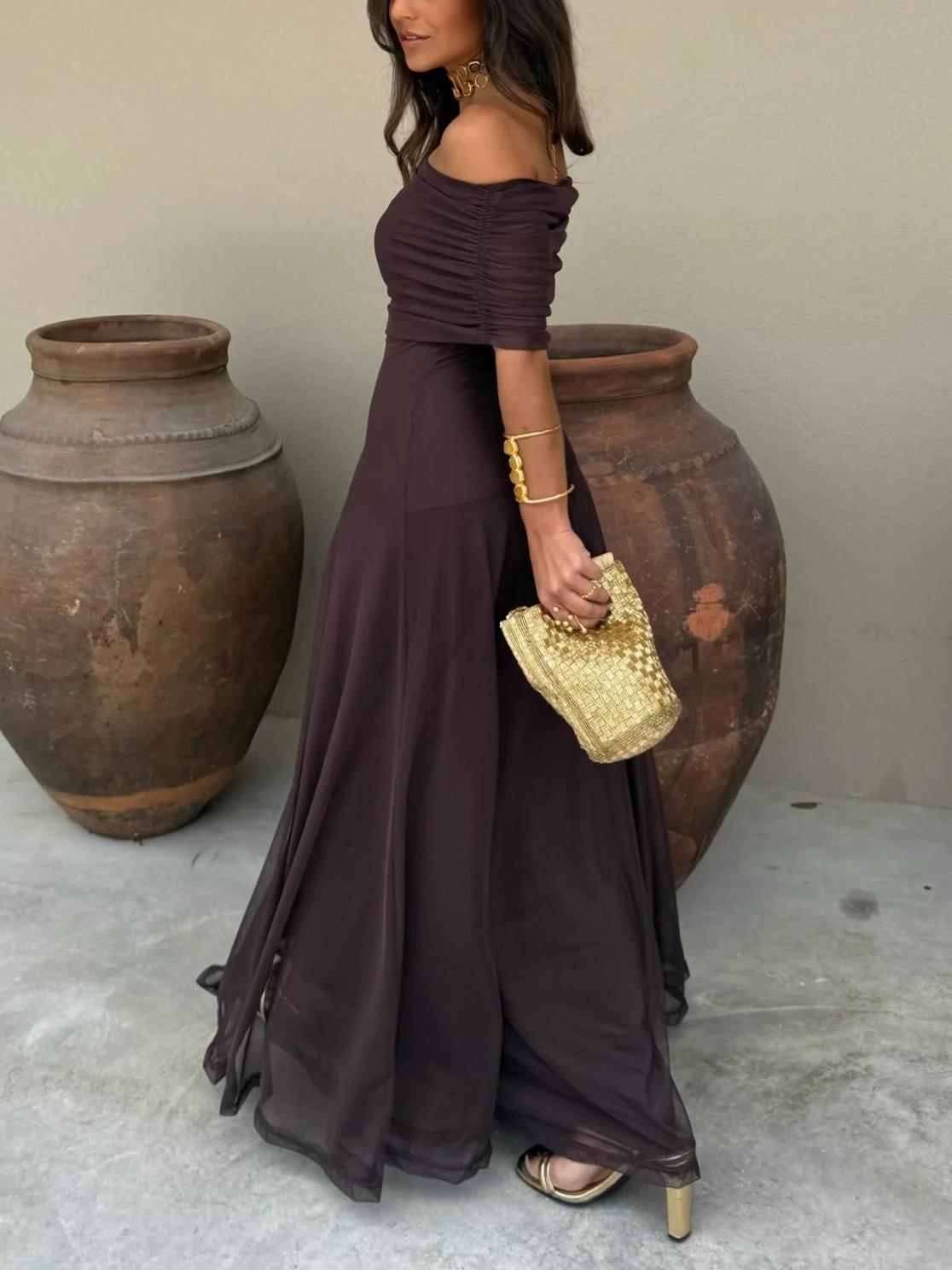 Brun Enaxlad Mesh Maxi Klänning