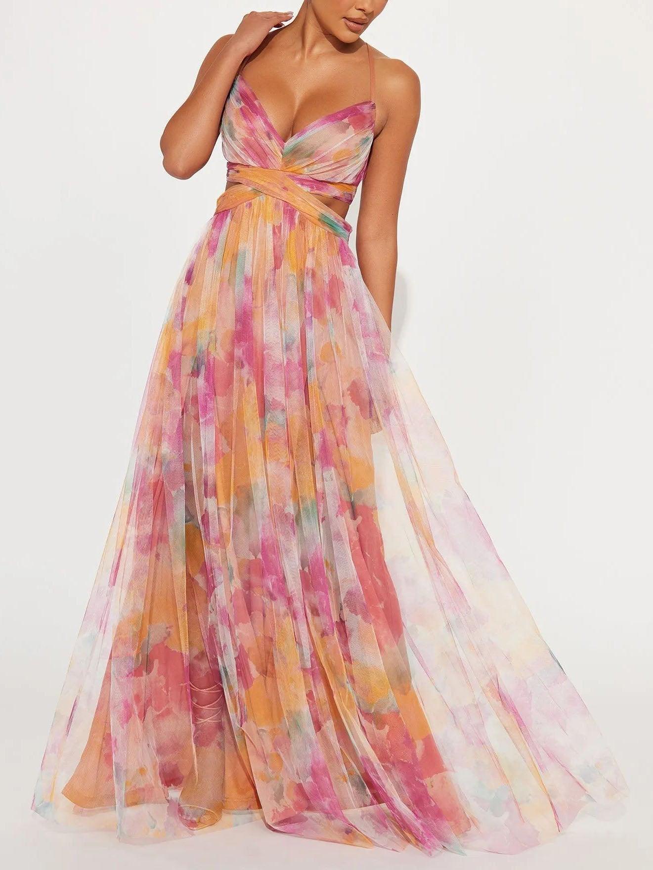 Elegant Målade Blommönster V-Hals Klänning