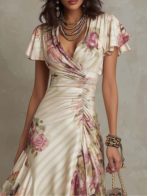 Elegant vintageblommig satin midi-klänning