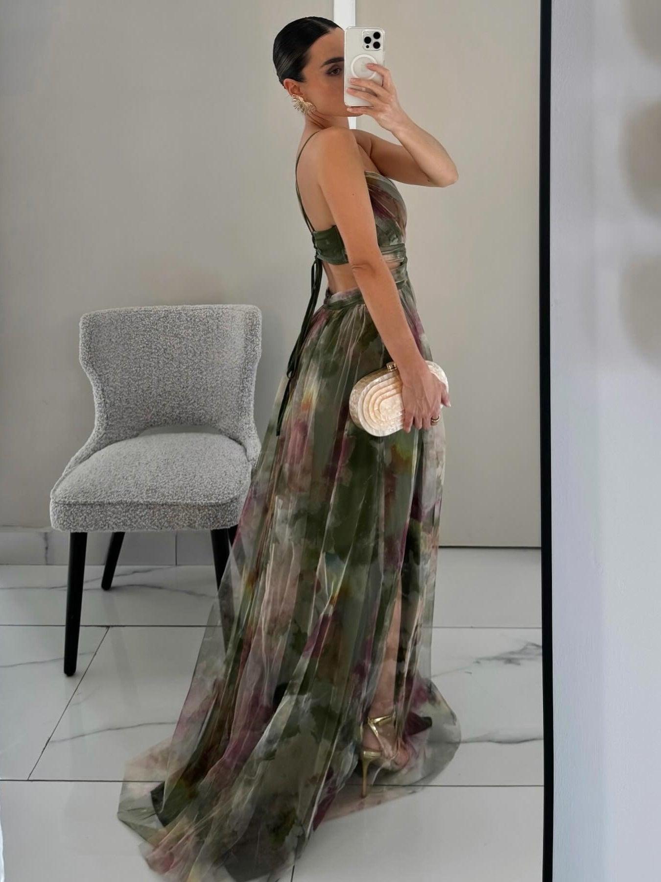Elegant Målade Blommönster V-Hals Klänning