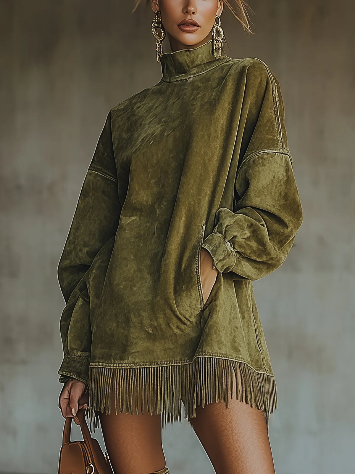 Faux Suede Polokrage Klänning Fransar