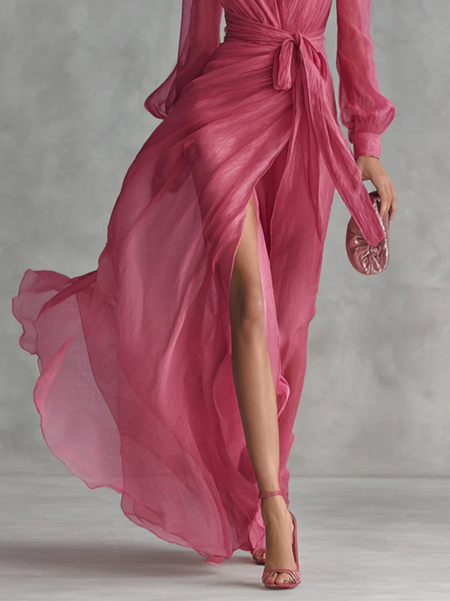 Elegant Rosaröd Chiffon V-ringad Klänning