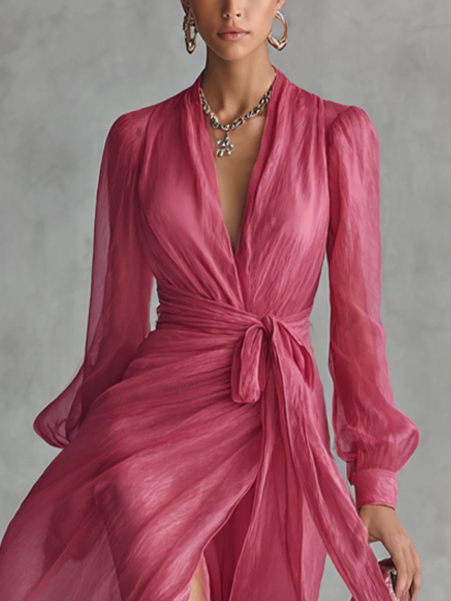 Elegant Rosaröd Chiffon V-ringad Klänning