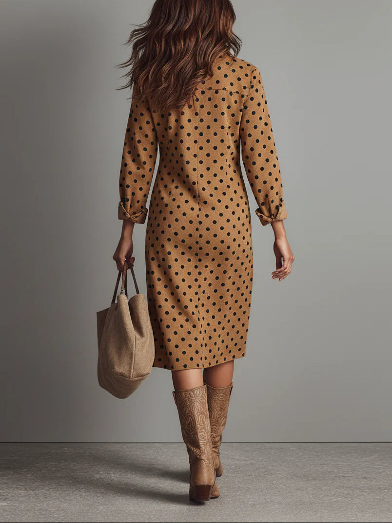 Polka Dot Fuskmocka Skjortklänning Midi