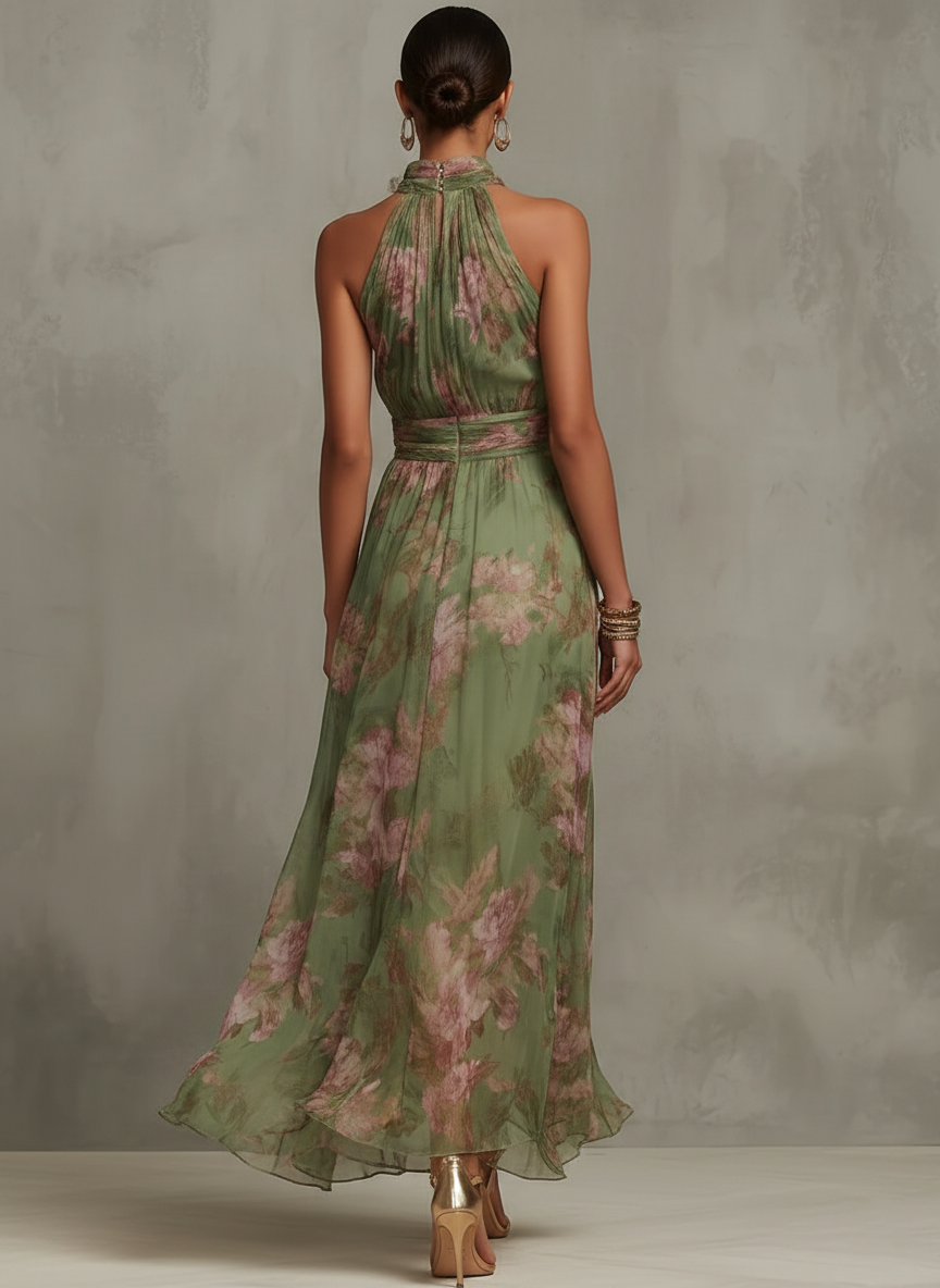 Grön Blommig Chiffon Halterneck Klänning