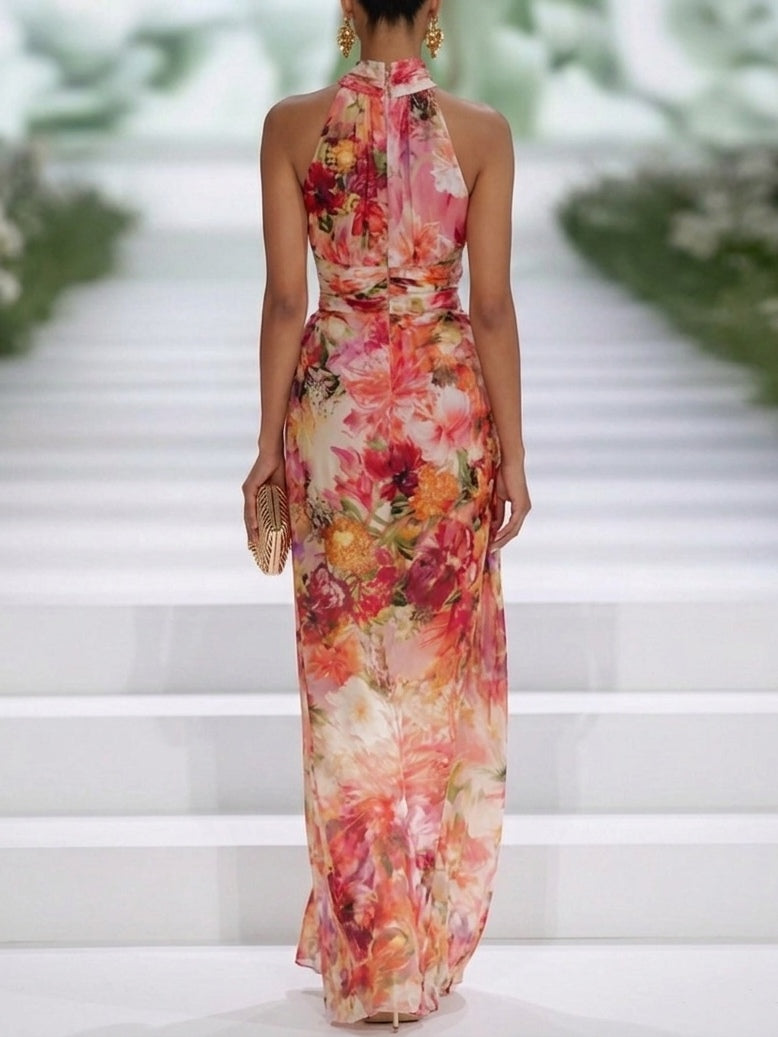 Röd Chiffon Blommig Halterneck Maxiklänning