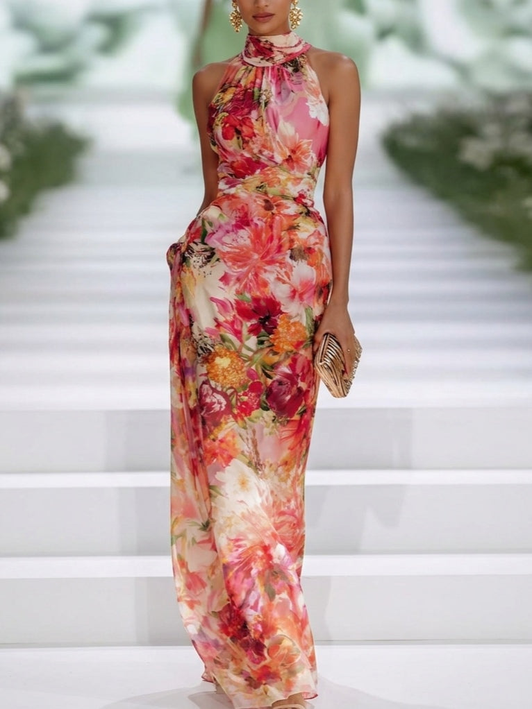 Röd Chiffon Blommig Halterneck Maxiklänning
