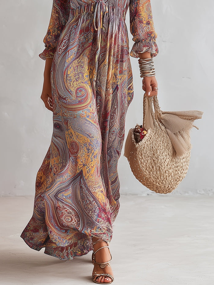 Paisleytryck V-ringad Samlad Chiffon Maxiklänning