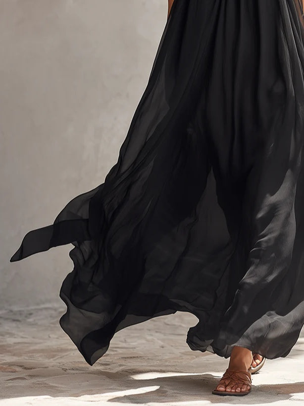 Svart Chiffon Halterneck Plisserad Maxiklänning