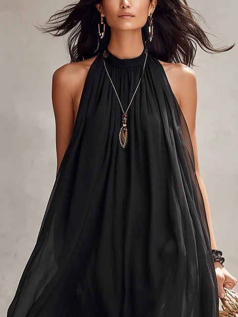 Svart Chiffon Halterneck Plisserad Maxiklänning