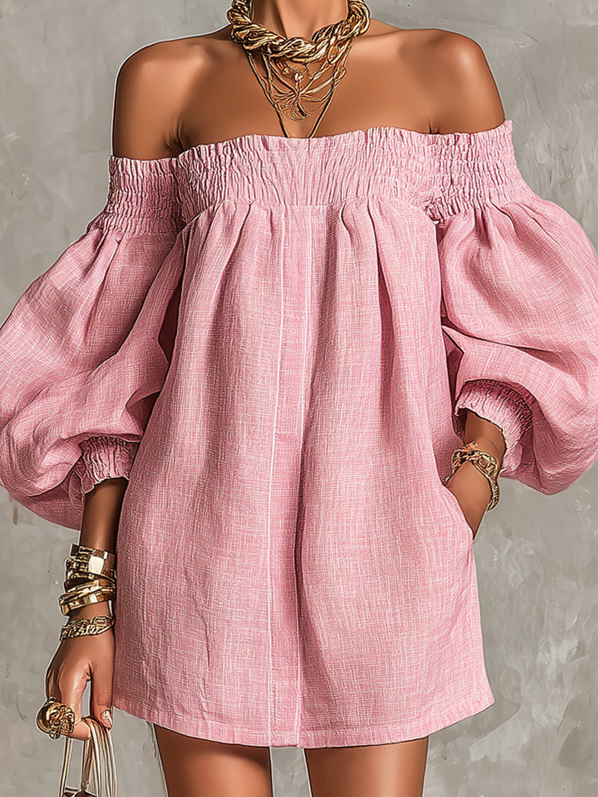 Rosa Off-shoulder Lantern Sleeve Klänning