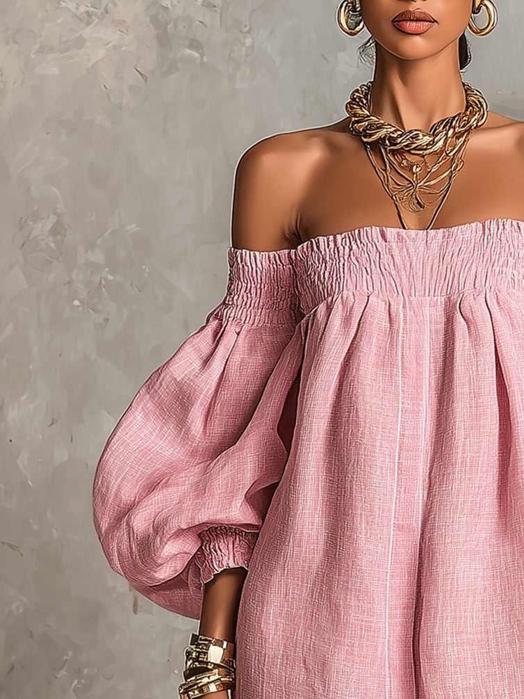 Rosa Off-shoulder Lantern Sleeve Klänning