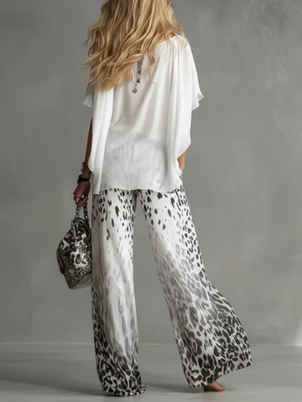 Fluffig Vit T-shirt Leopardmönstrade Set