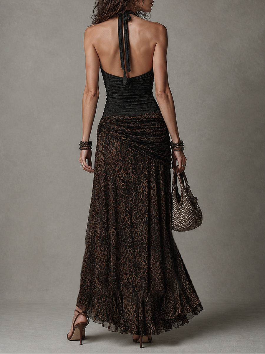 Retro Halter Top Leopardmönstrad Kjolset