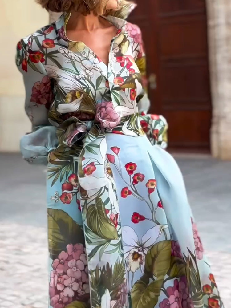 Elegant blommönstrad skjorta kjol set