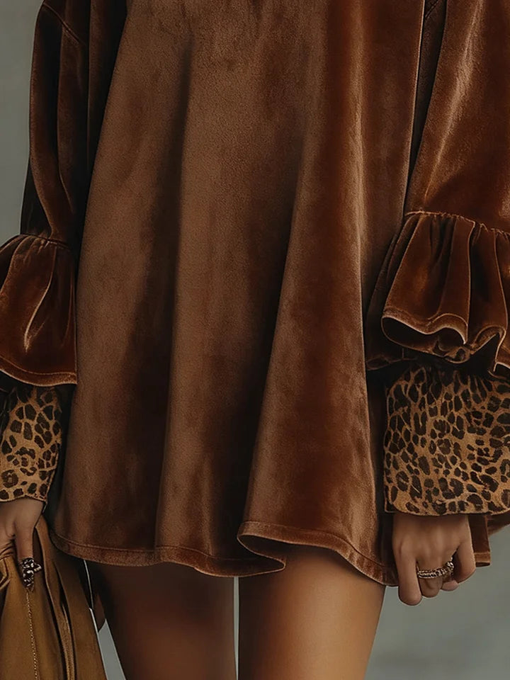 Sammet Leopard Manschett Fjäderärm Klänning