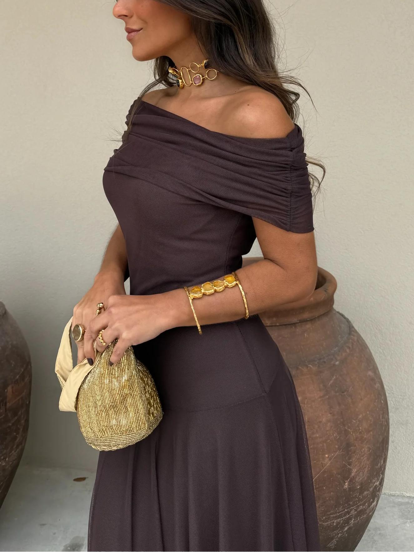Brun Enaxlad Mesh Maxi Klänning