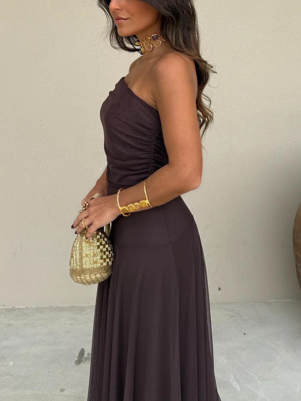Brun Enaxlad Mesh Maxi Klänning