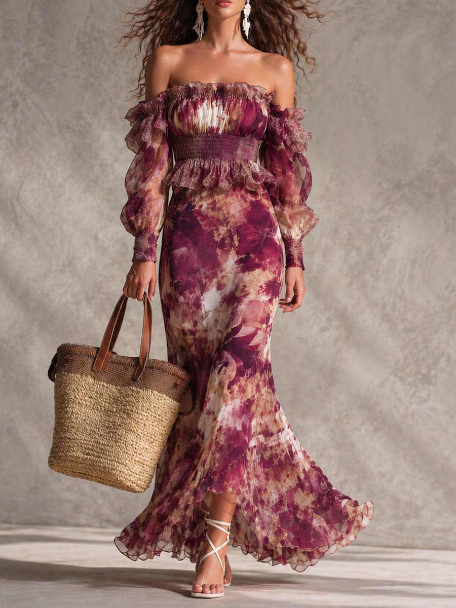 Rosa Blommig Off-Shoulder Chiffon Klänning