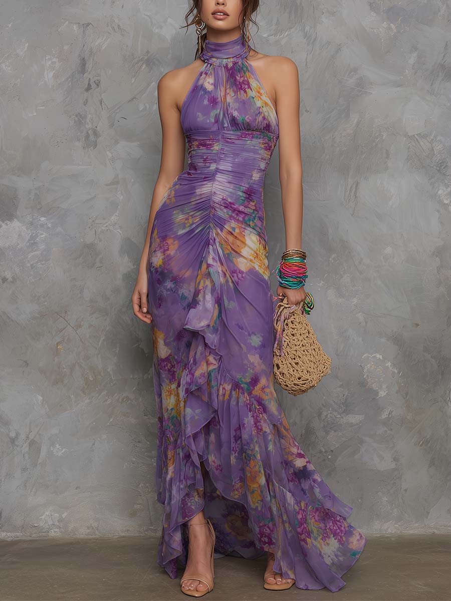Elegant Lila Blommig Chiffon Klänning