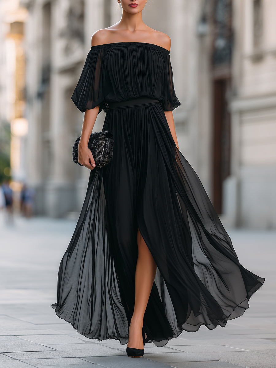 Svart Off-Shoulder Plisserad Chiffon Klänning