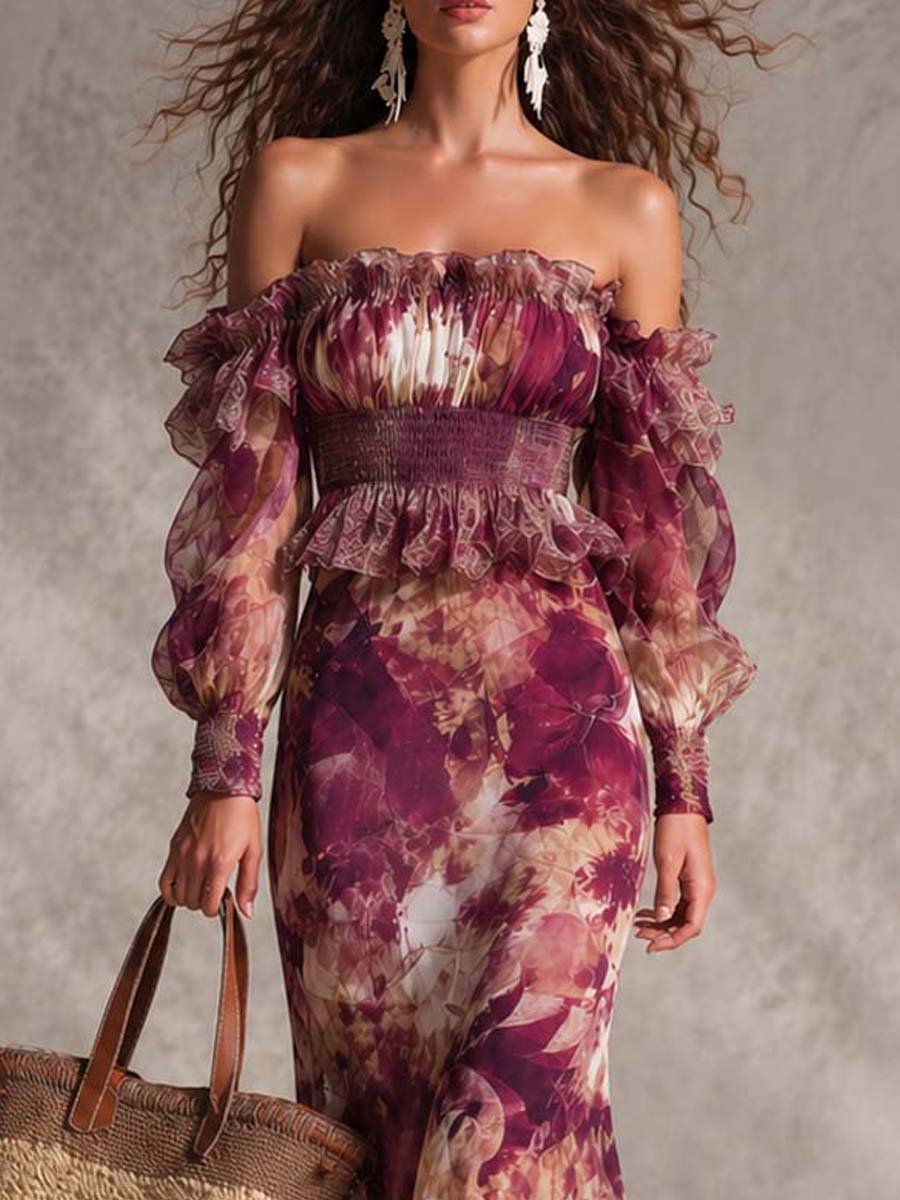 Rosa Blommig Off-Shoulder Chiffon Klänning