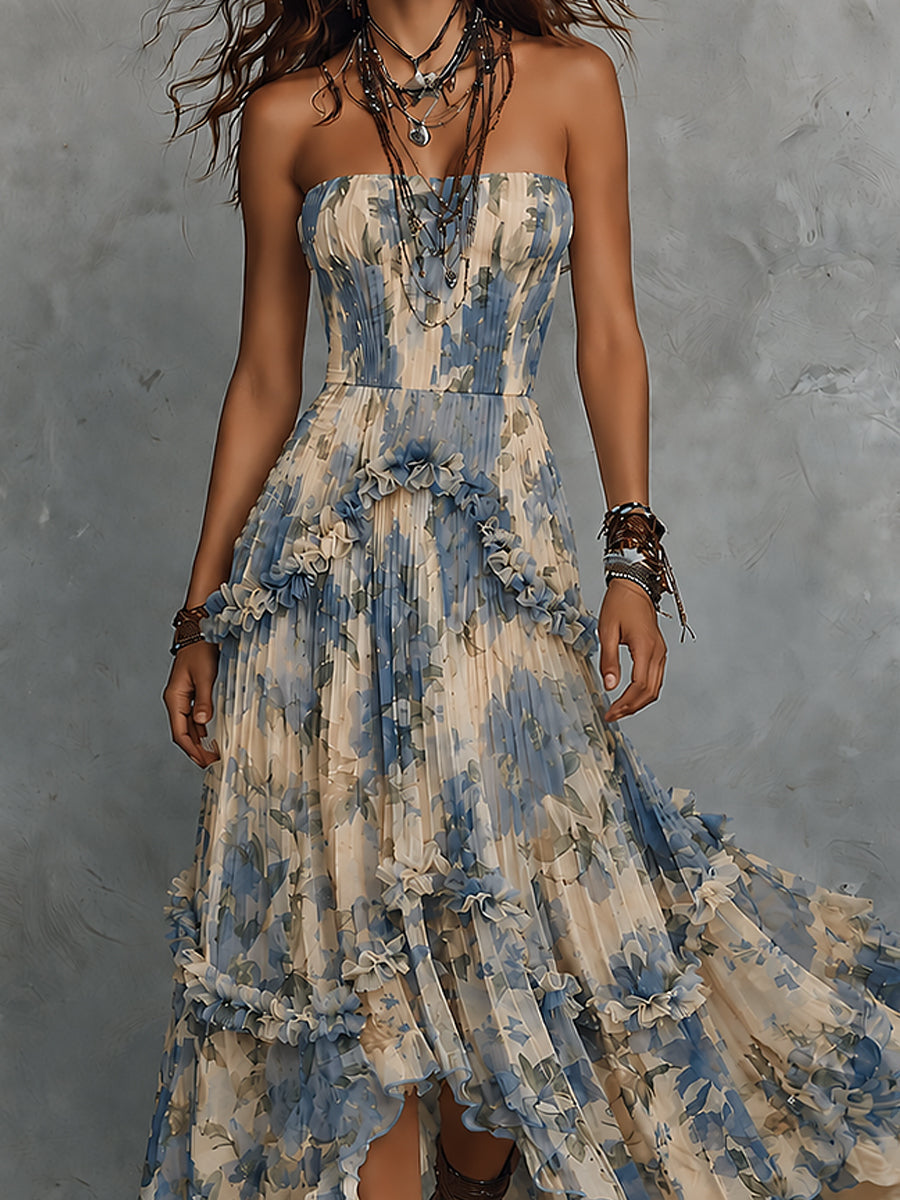 Elegant strapless tryckt chiffong maxiklänning