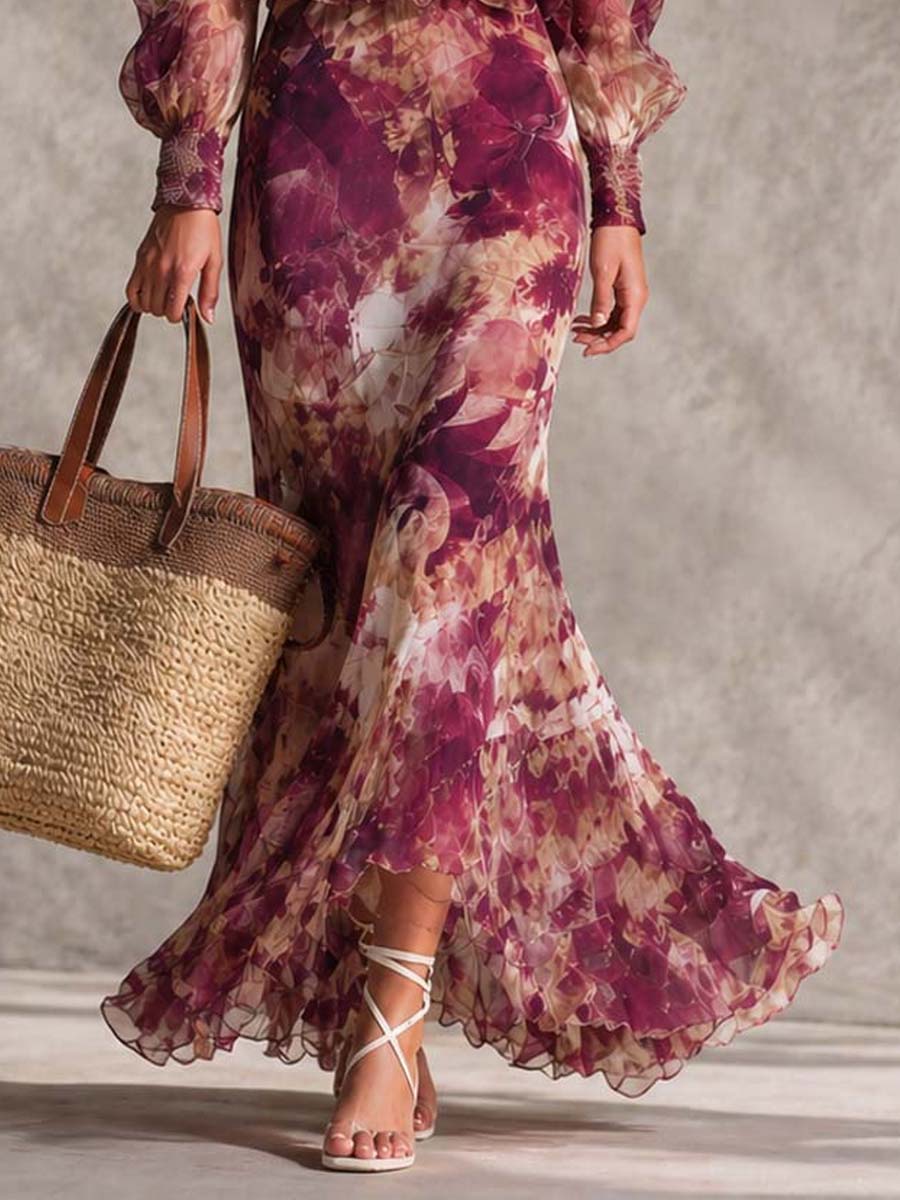 Rosa Blommig Off-Shoulder Chiffon Klänning