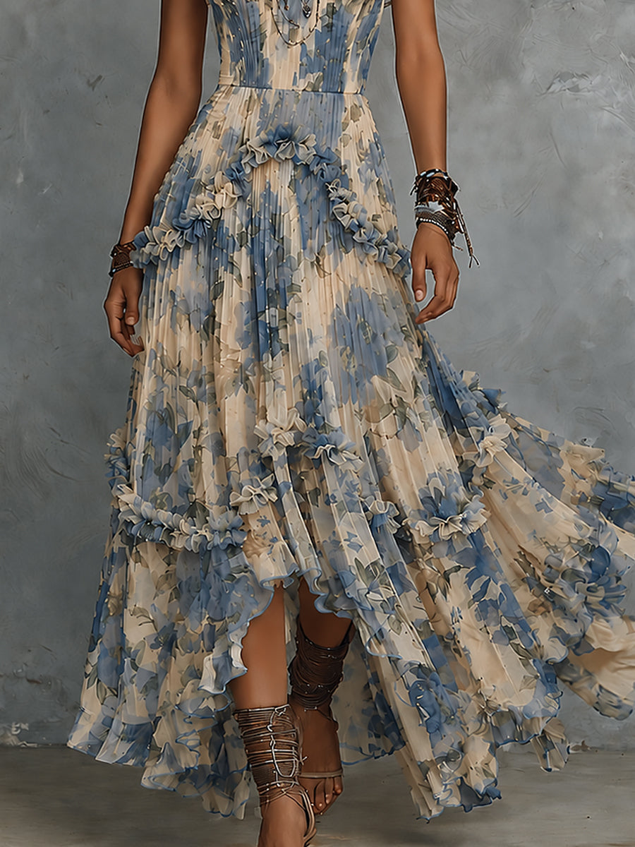 Elegant strapless tryckt chiffong maxiklänning