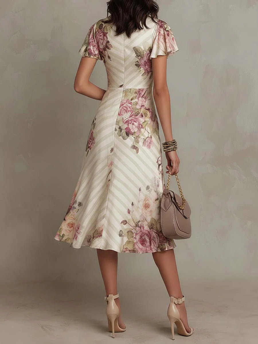 Elegant vintageblommig satin midi-klänning