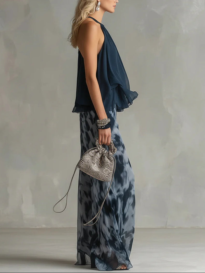 Marinblå Halterneck Top Tryckta Set