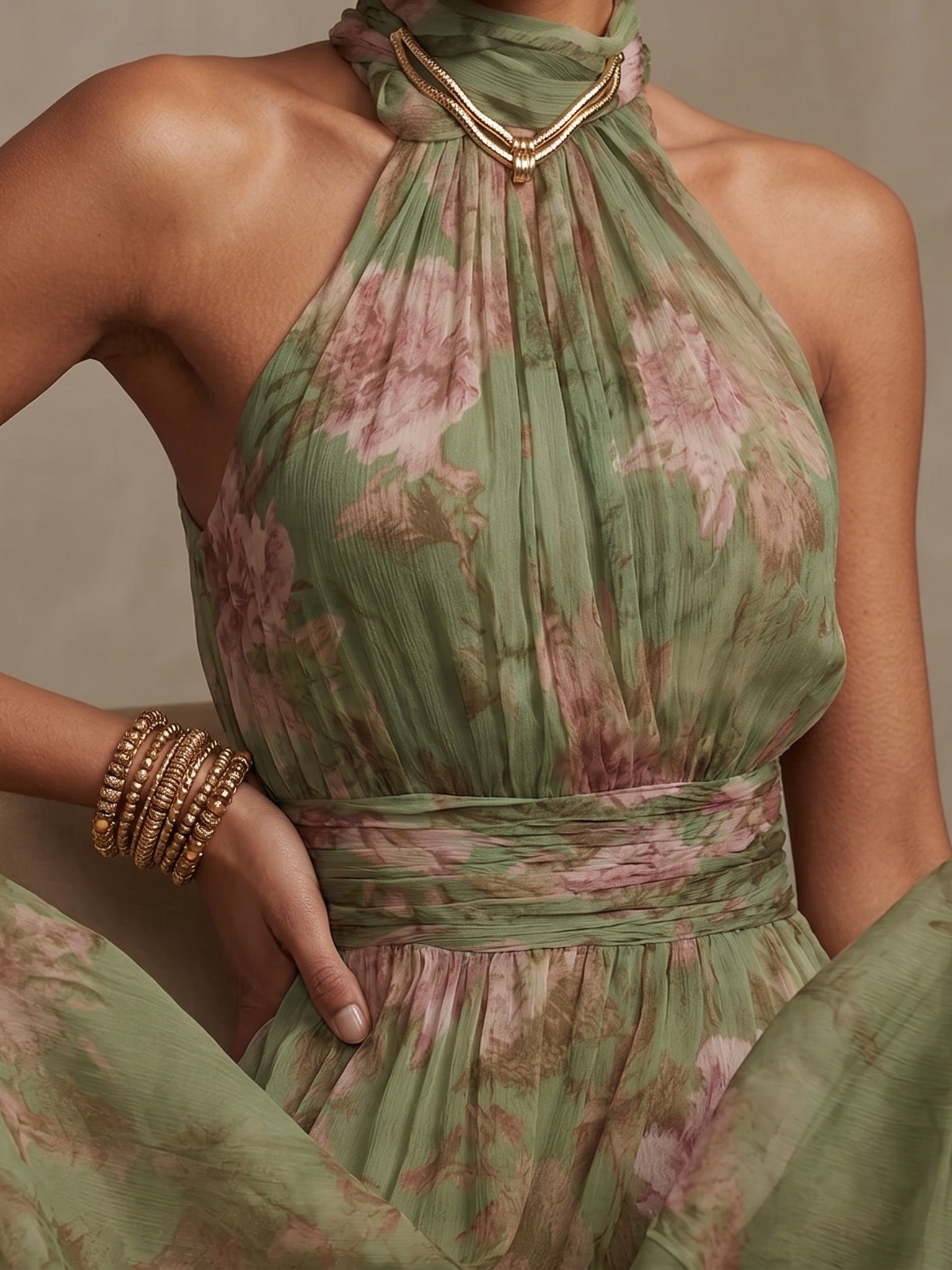 Grön Blommig Chiffon Halterneck Klänning