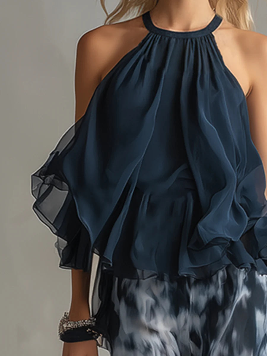 Marinblå Halterneck Top Tryckta Set