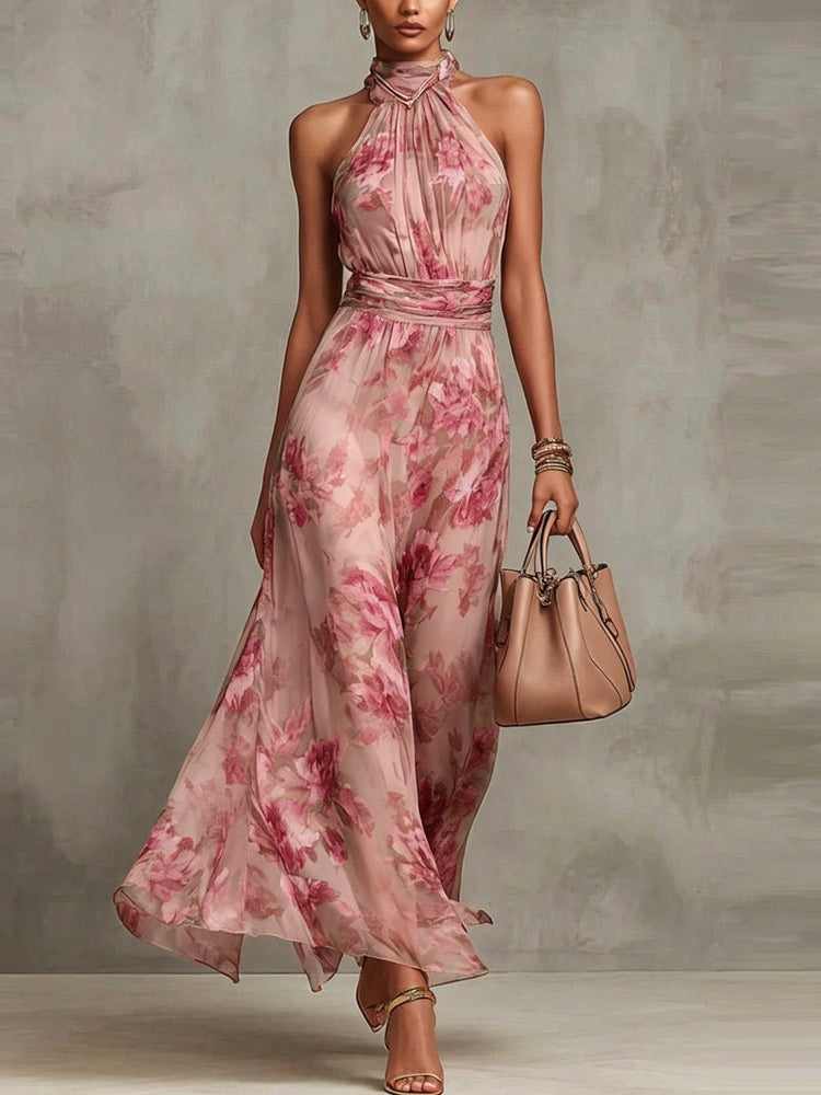 Grön Blommig Chiffon Halterneck Klänning