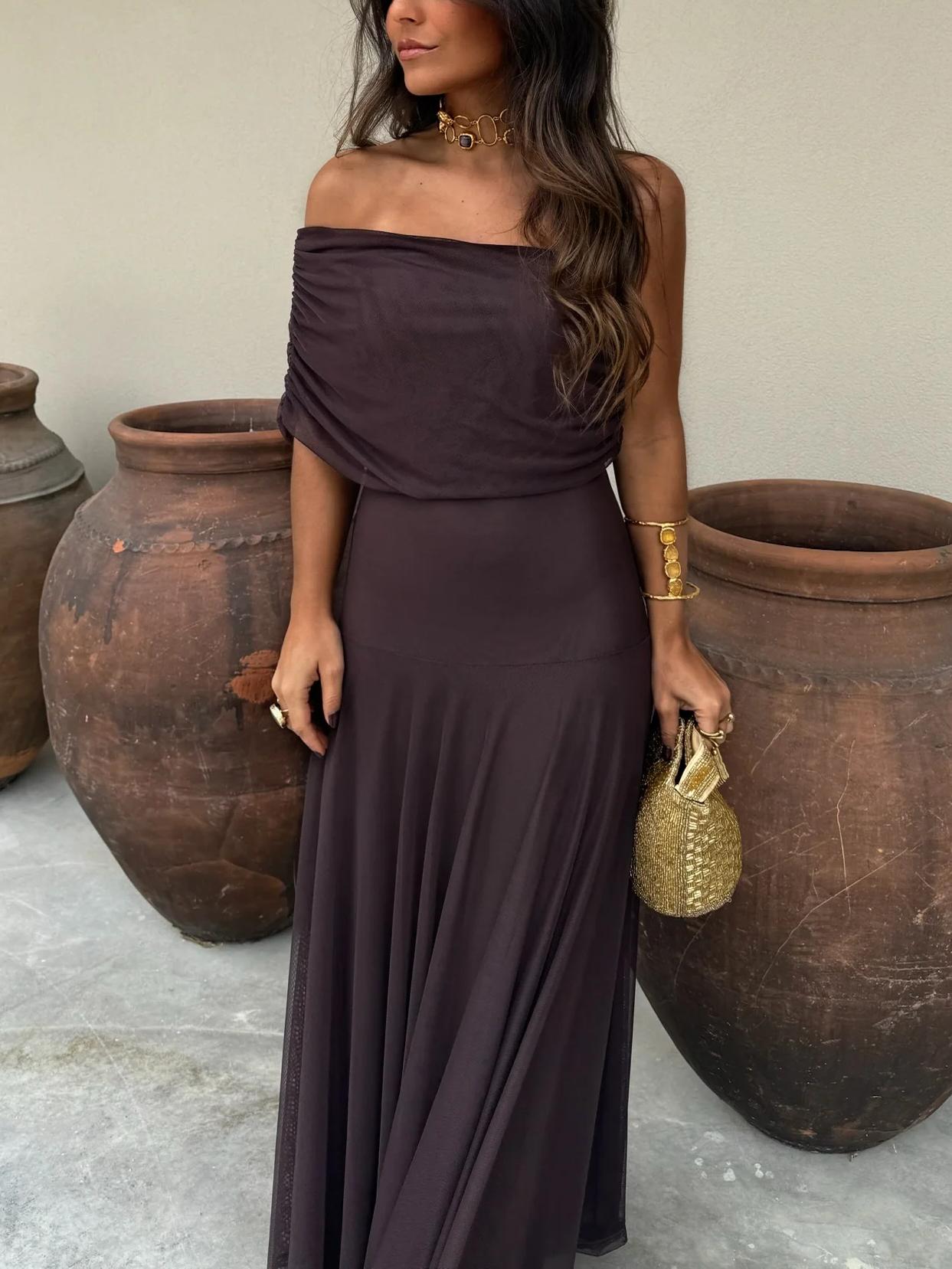Brun Enaxlad Mesh Maxi Klänning
