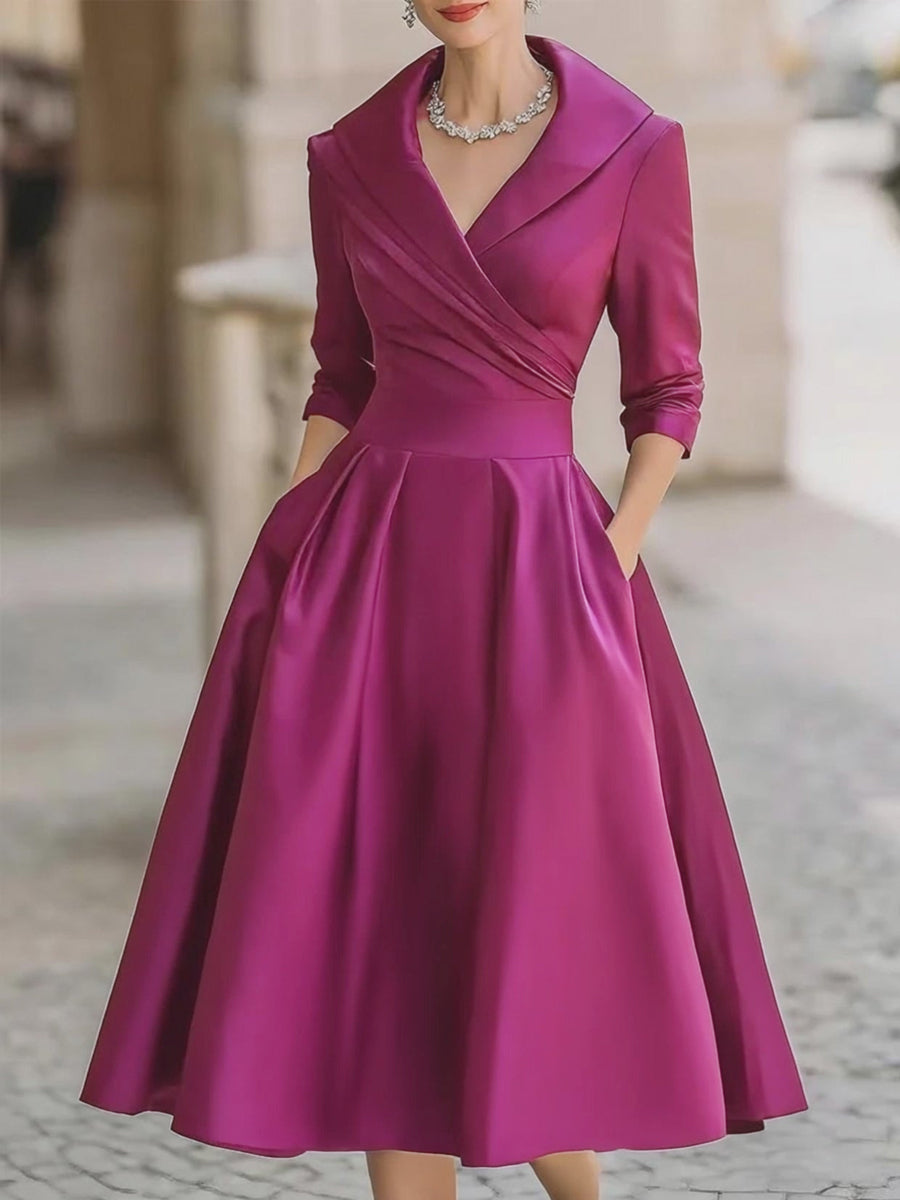 Elegant svart satin plisserad midi-klänning