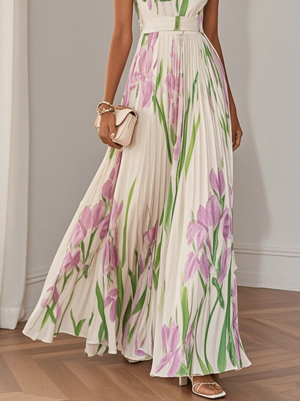 Vit Plisserad Blommig Chiffon Klänning