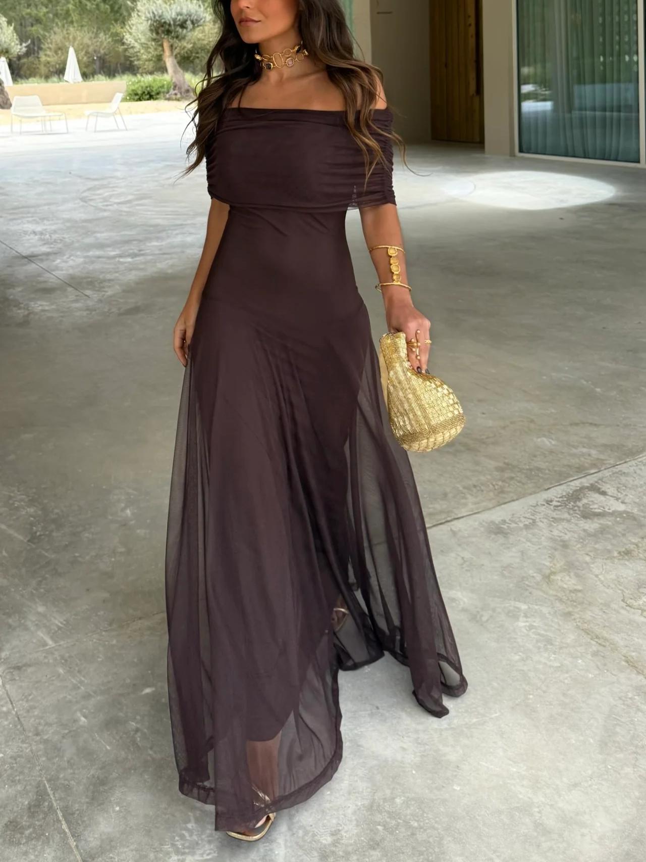 Brun Enaxlad Mesh Maxi Klänning
