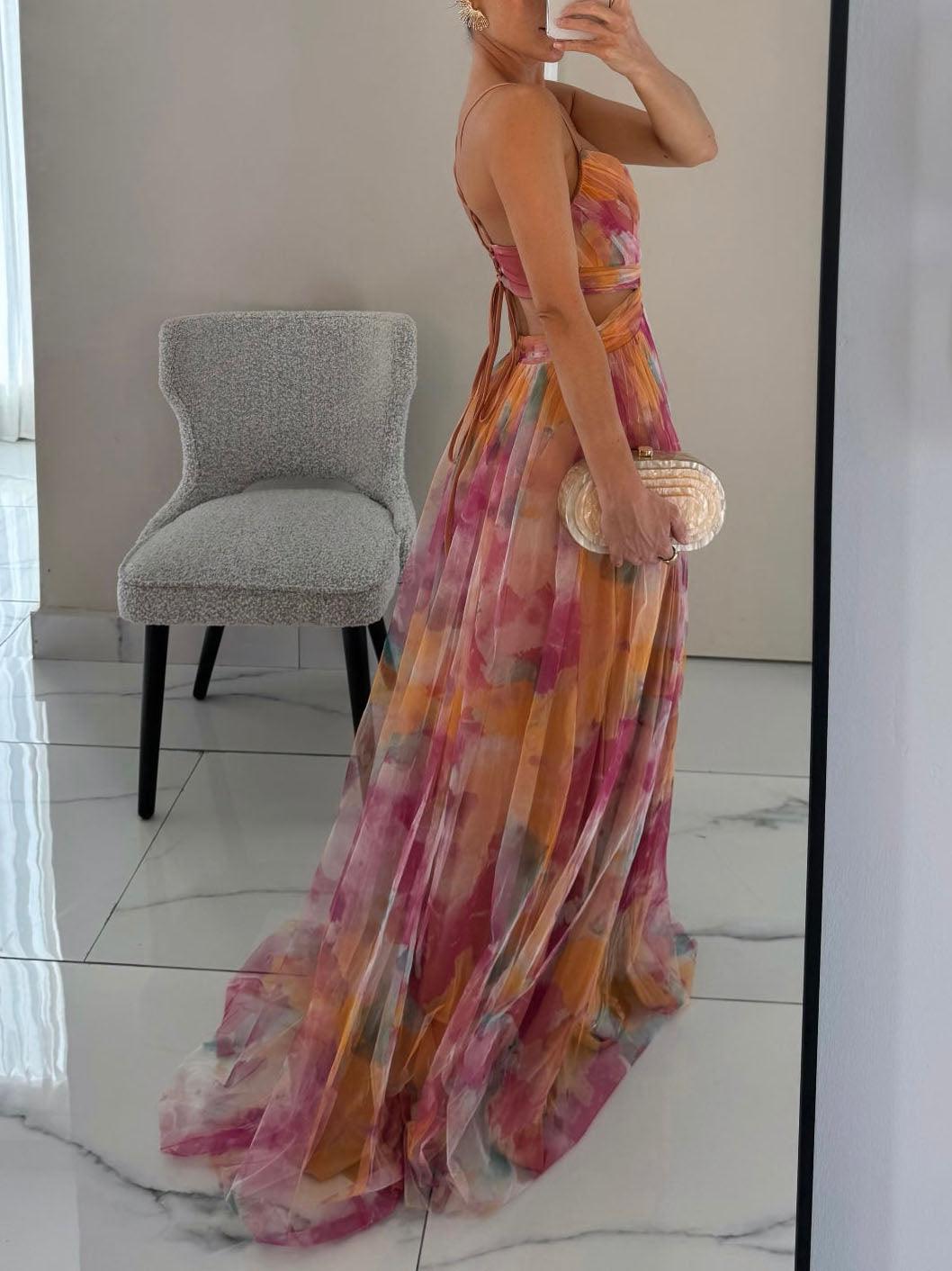 Elegant Målade Blommönster V-Hals Klänning