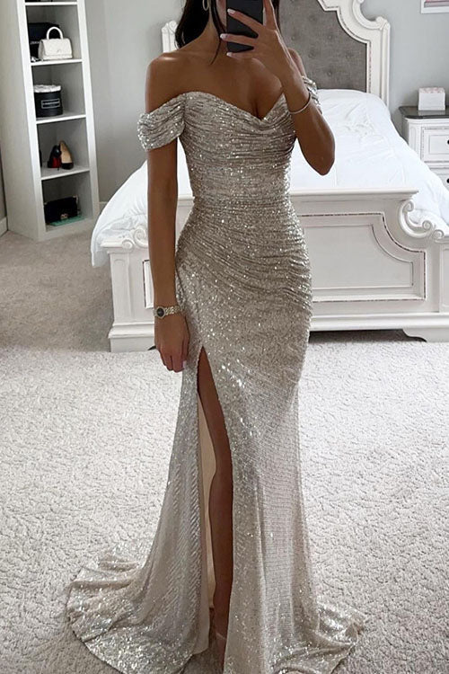 Festlig Paljet Off-Shoulder Slitsklänning