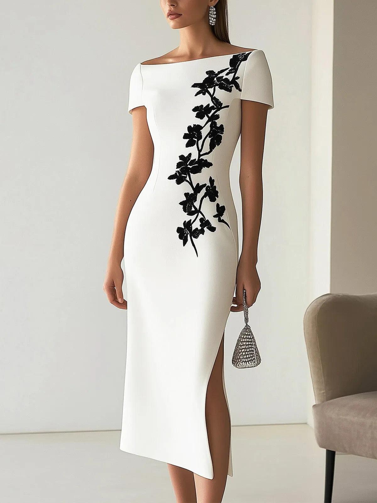 Chic Blommig Print Båthalsad Midiklänning