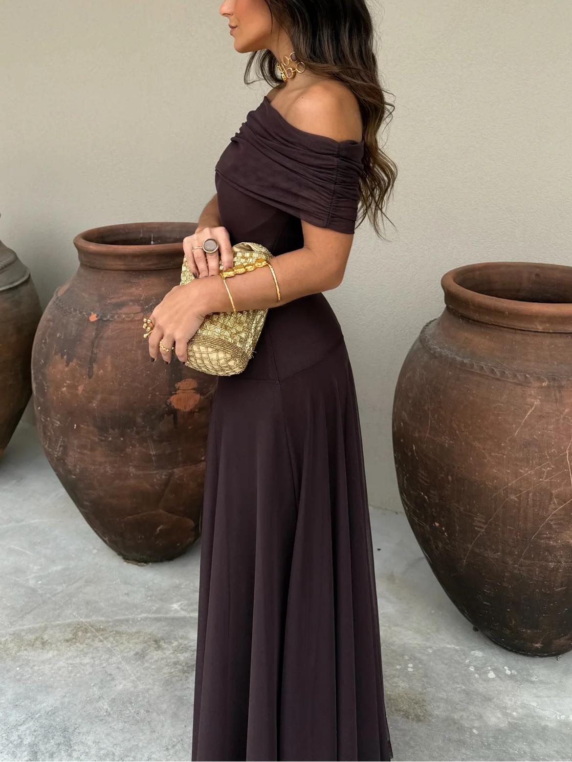 Brun Enaxlad Mesh Maxi Klänning