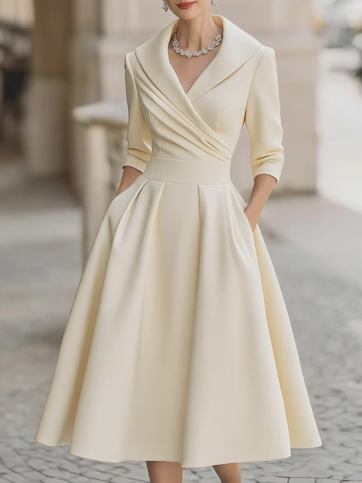 Elegant svart satin plisserad midi-klänning
