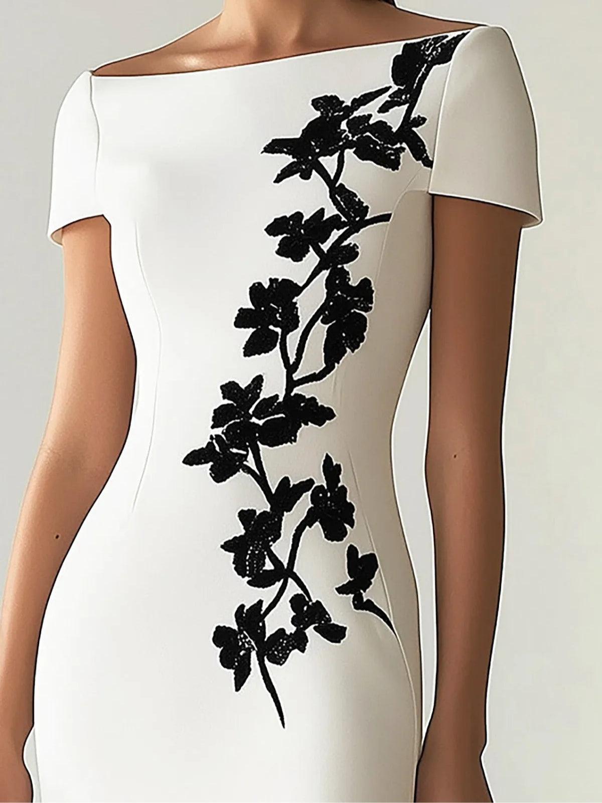 Chic Blommig Print Båthalsad Midiklänning